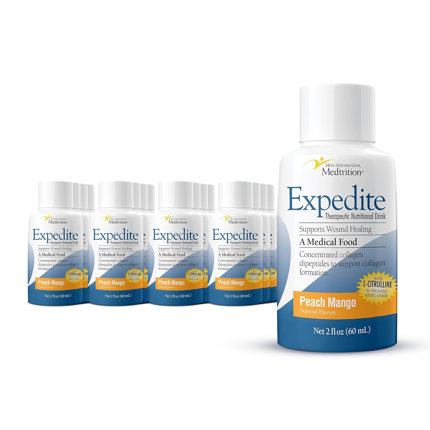 Medtrition Expedite liquid collagen peach mango bottle, front view for post-surgery nutrition