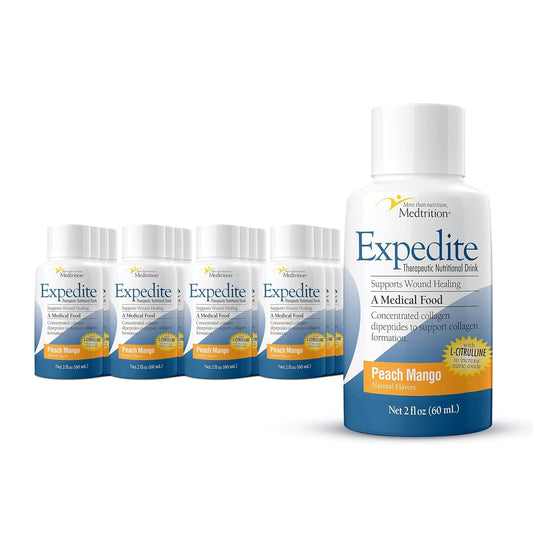 Medtrition Expedite liquid collagen peach mango bottle, front view for post-surgery nutrition