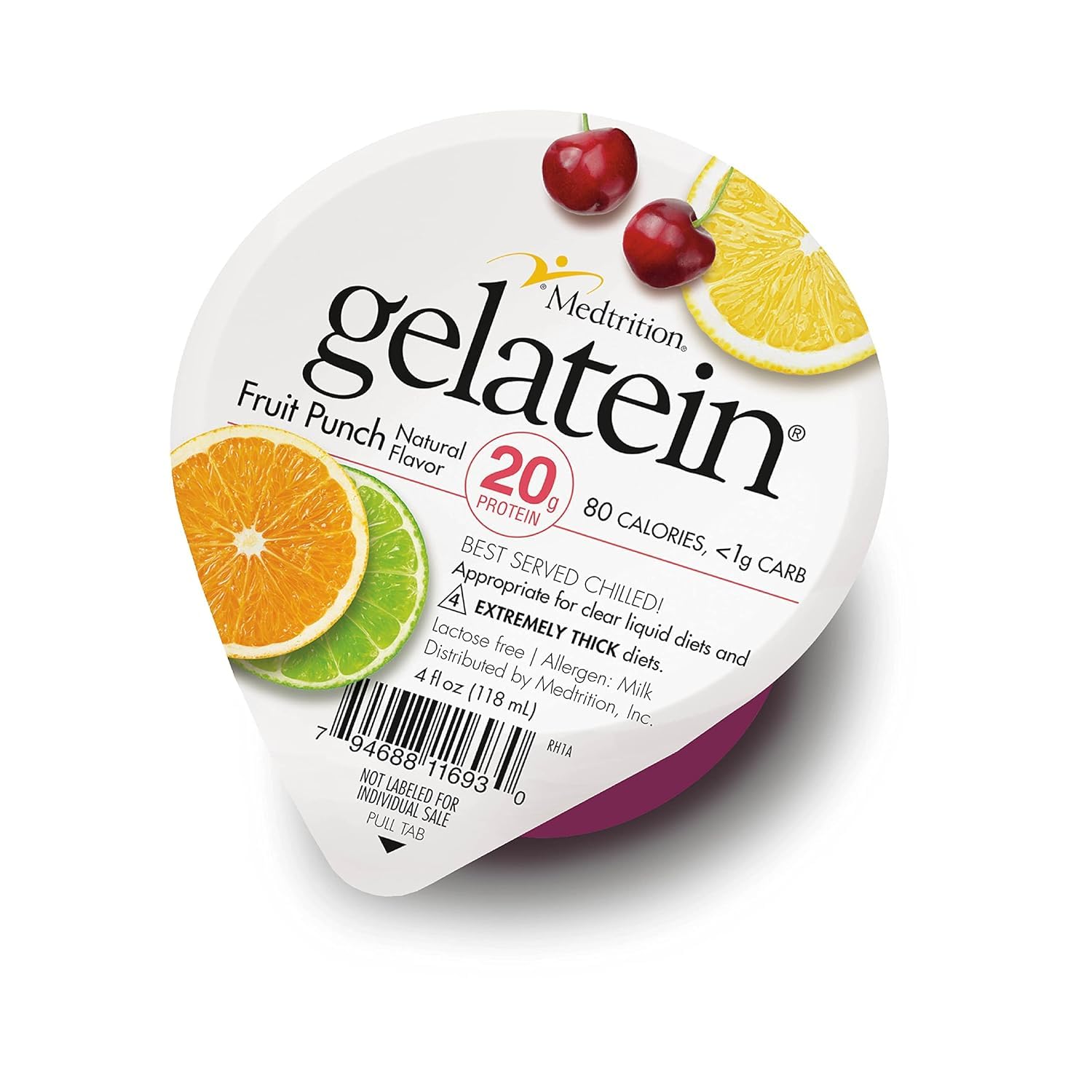 Medtrition Gelatein Fruit Punch cup showing high-protein, sugar-free option