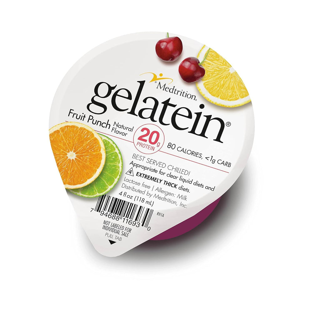 Medtrition Gelatein Fruit Punch cup showing high-protein, sugar-free option