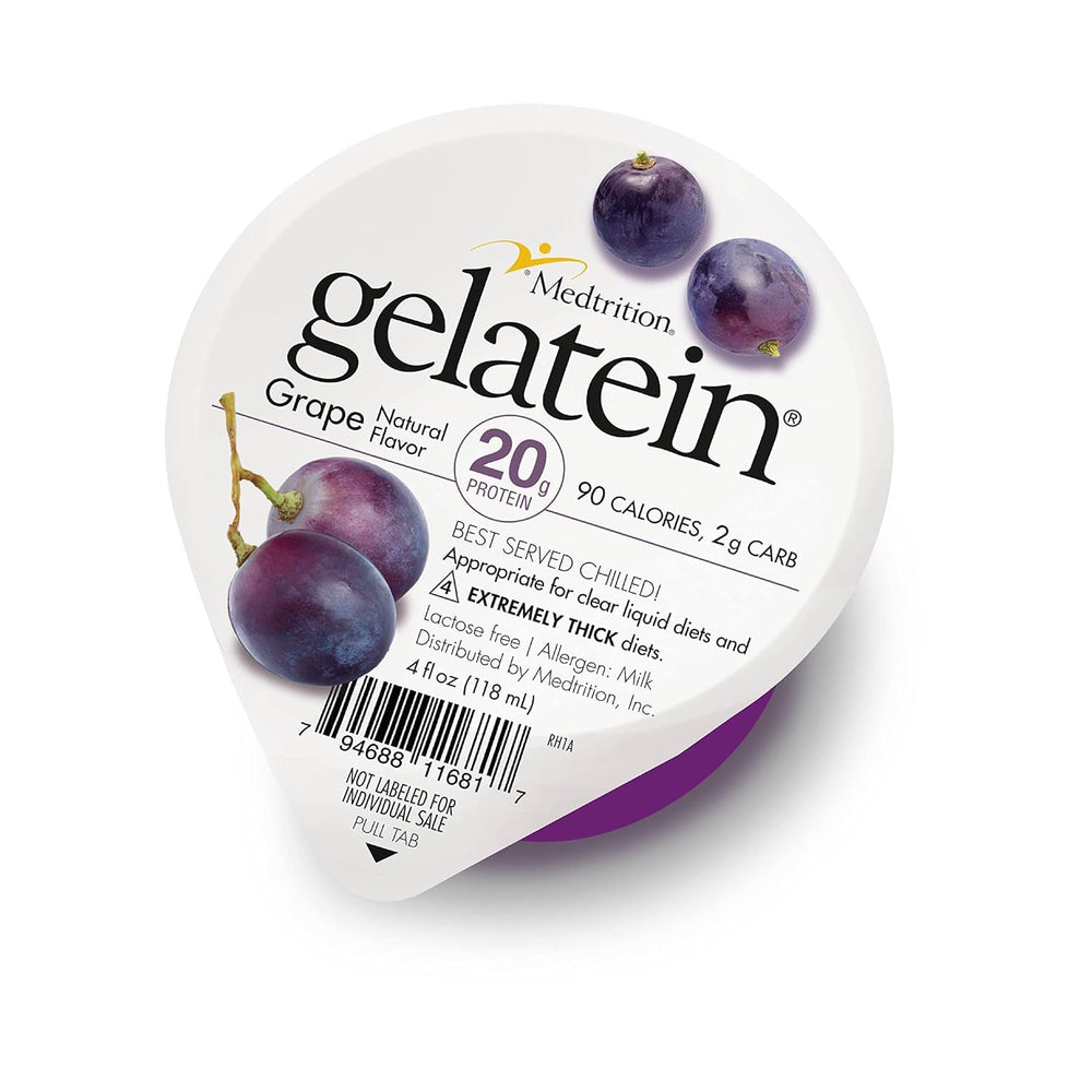 Medtrition Gelatein Grape bottle showing 20g protein per serving for meal planning.