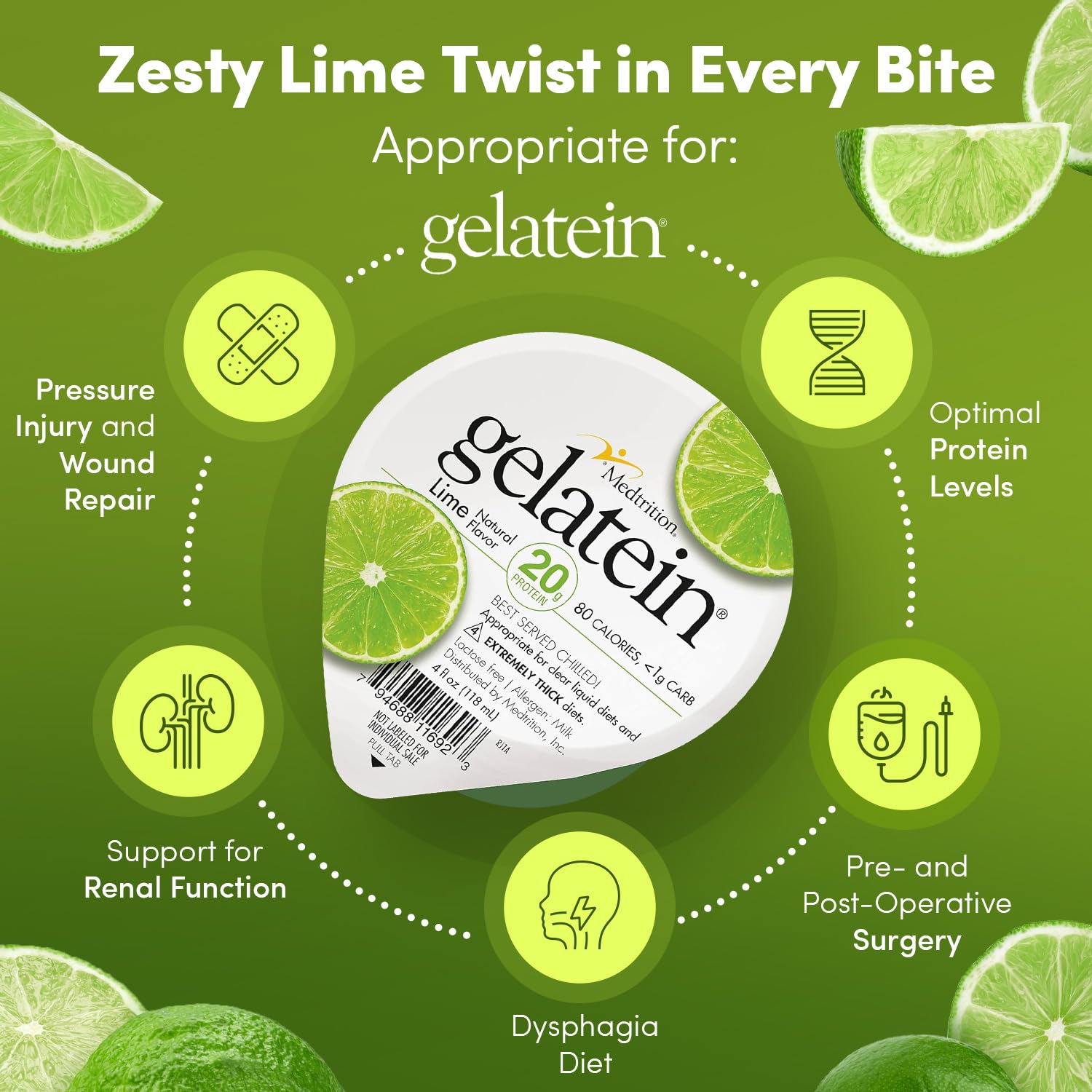Medtrition Gelatein Lime 12-pack package for caregivers and patients.