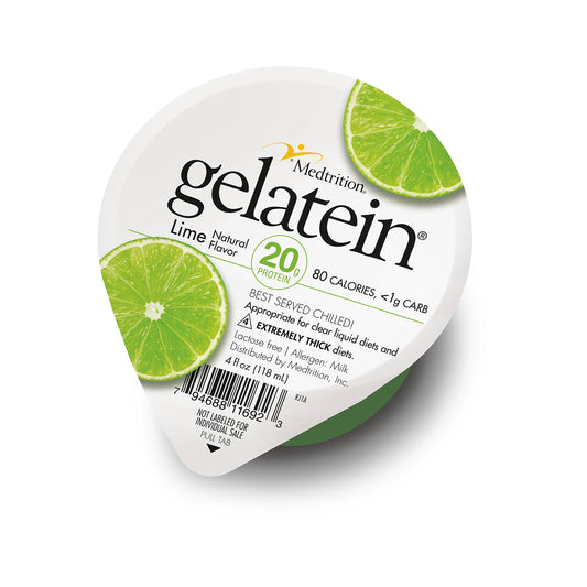 Medtrition Gelatein Lime bottle highlighting high-protein gelatine for clear liquid diets.