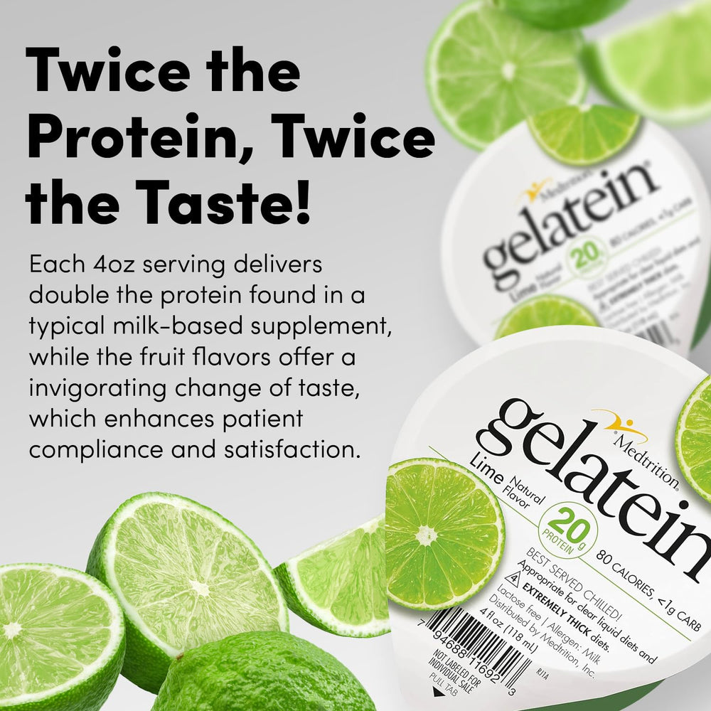 Medtrition Gelatein Lime ready-to-serve cup beside dialysis supplies.