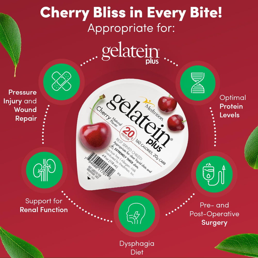 Medtrition Gelatein Plus Cherry serving cup shows smooth texture for dysphagia-friendly use