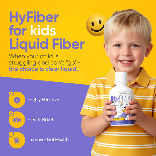 Medtrition HyFiber Kids liquid with a measuring dropper for precise half-ounce doses.
