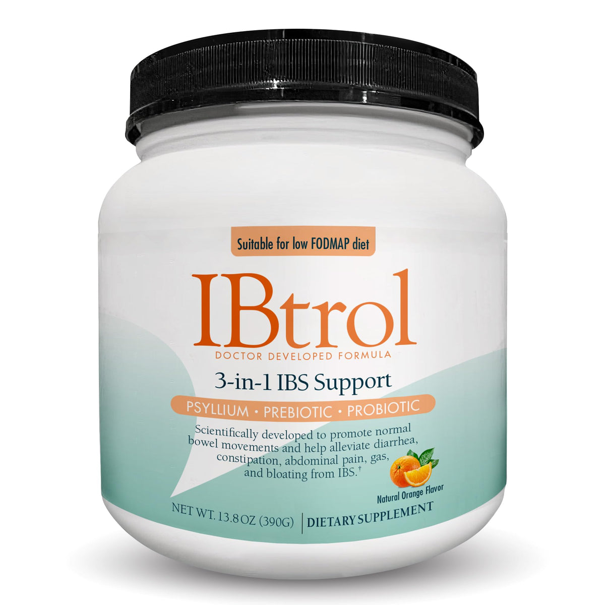 Medtrition IBtrol bottle beside a glass, supporting daily gut comfort and regularity.