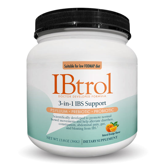 Medtrition IBtrol bottle beside a glass, supporting daily gut comfort and regularity.