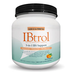Medtrition IBtrol bottle beside a glass, supporting daily gut comfort and regularity.