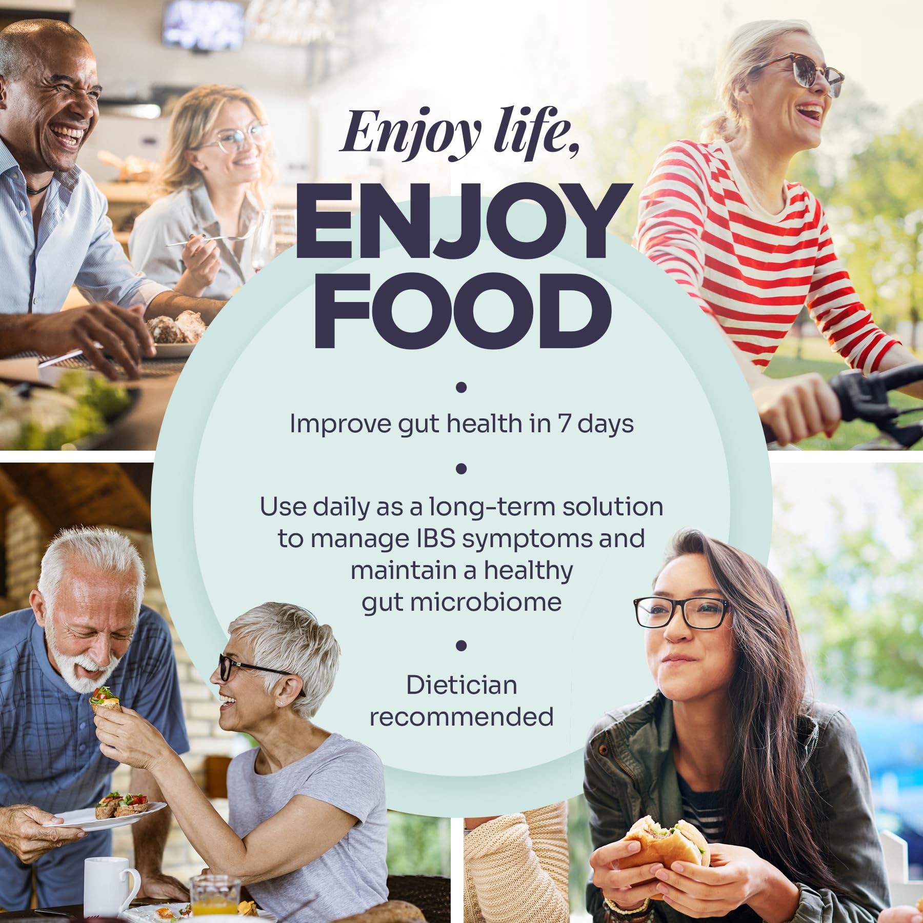 Daily use setup with medication-free routine, compatible with low FODMAP diet.