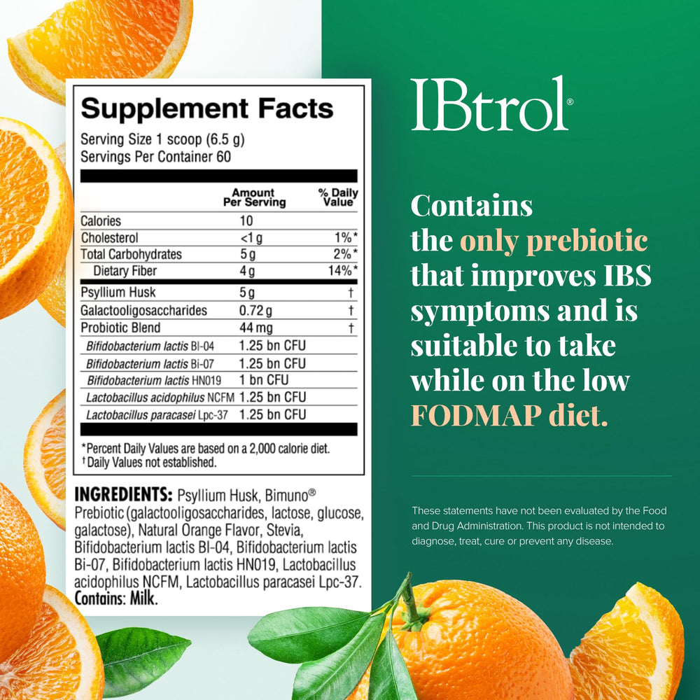 IBtrol natural orange flavor bottle highlight, a sugar-free option for IBS symptom management.