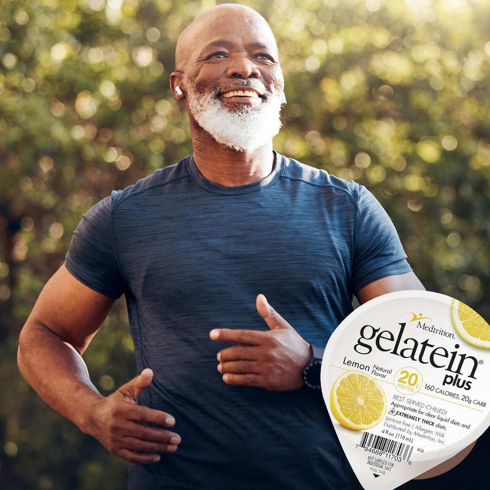 Gelatein Plus Lemon spoon and cup setup highlighting easy swallow for dysphagia
