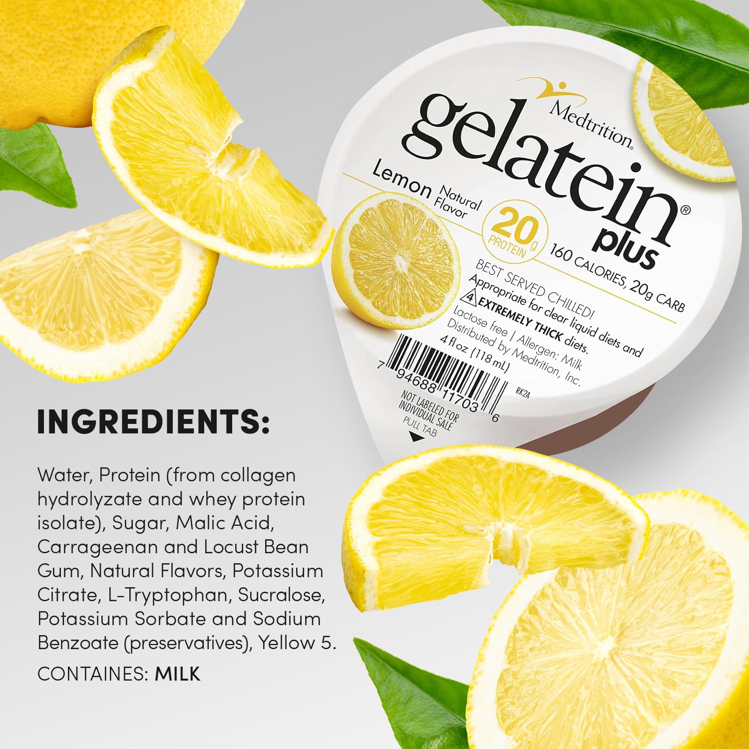 Gelatein Plus Lemon packaging shows IDDSI 4 dysphagia suitability