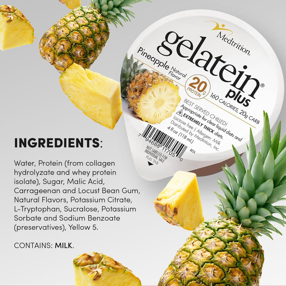 Medtrition ProSource Gelatein Plus Pineapple nutrition panel emphasizes 20 g protein per serving