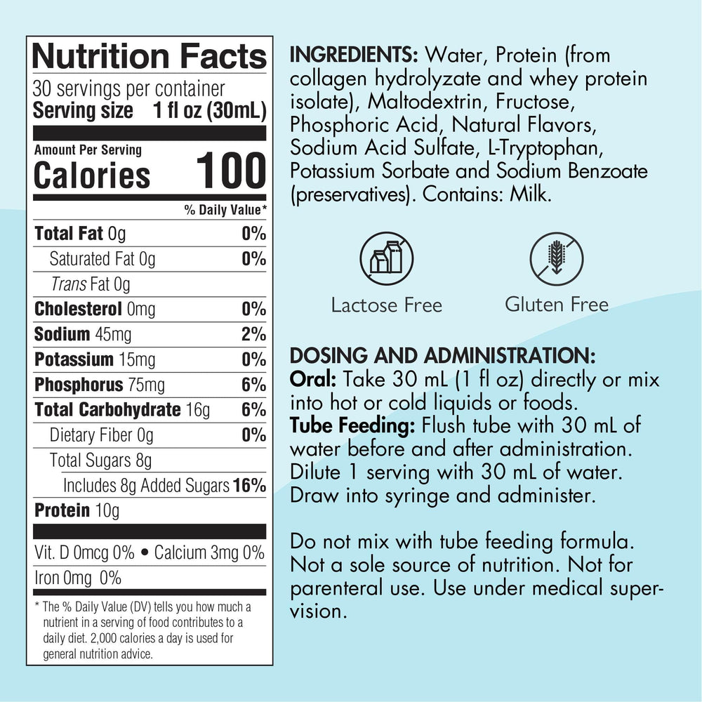 Medtrition Prosource label closeup highlights collagen and whey blend for versatile protein use.
