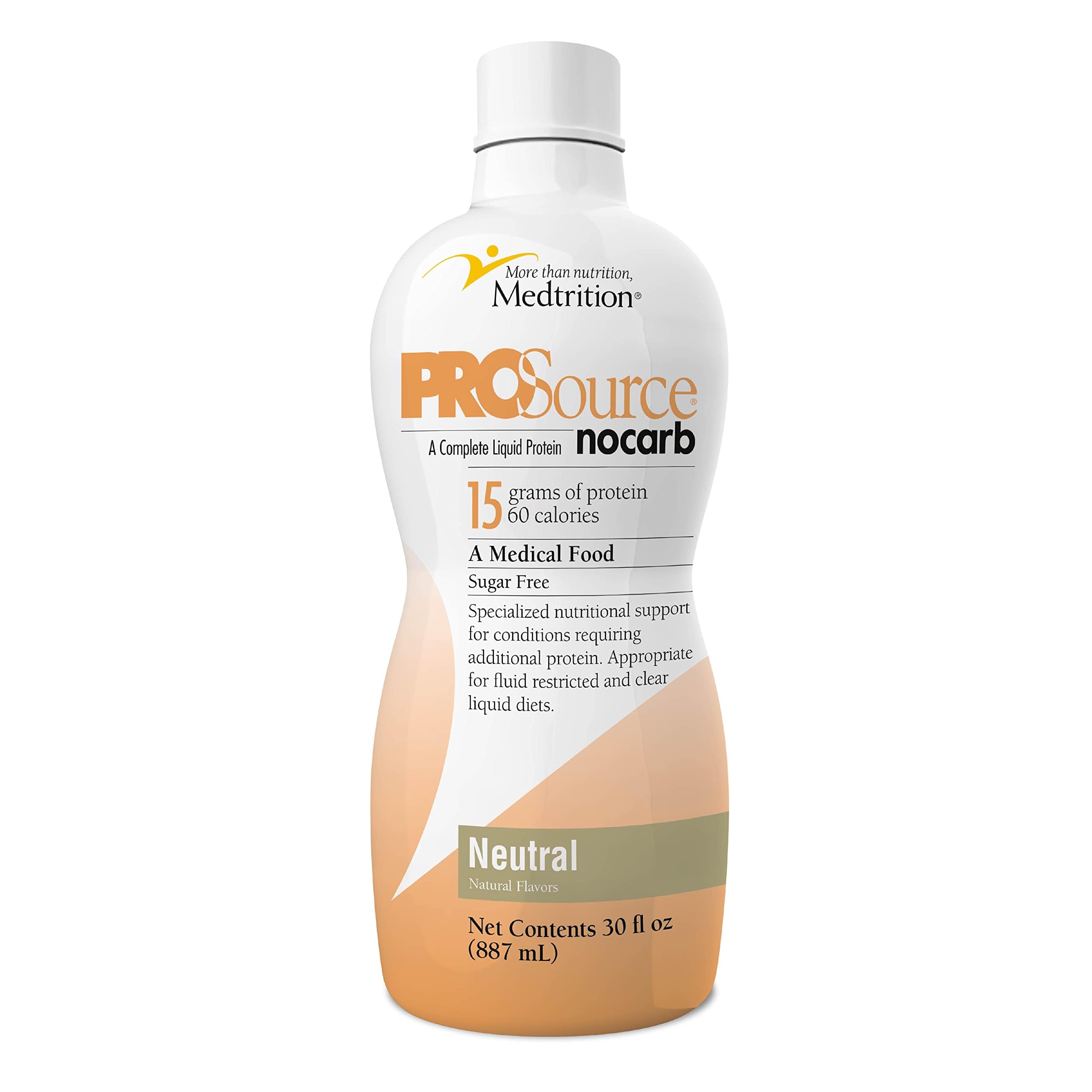 Medtrition ProSource NoCarb neutral liquid bottle closed, protein-rich daily supplement.