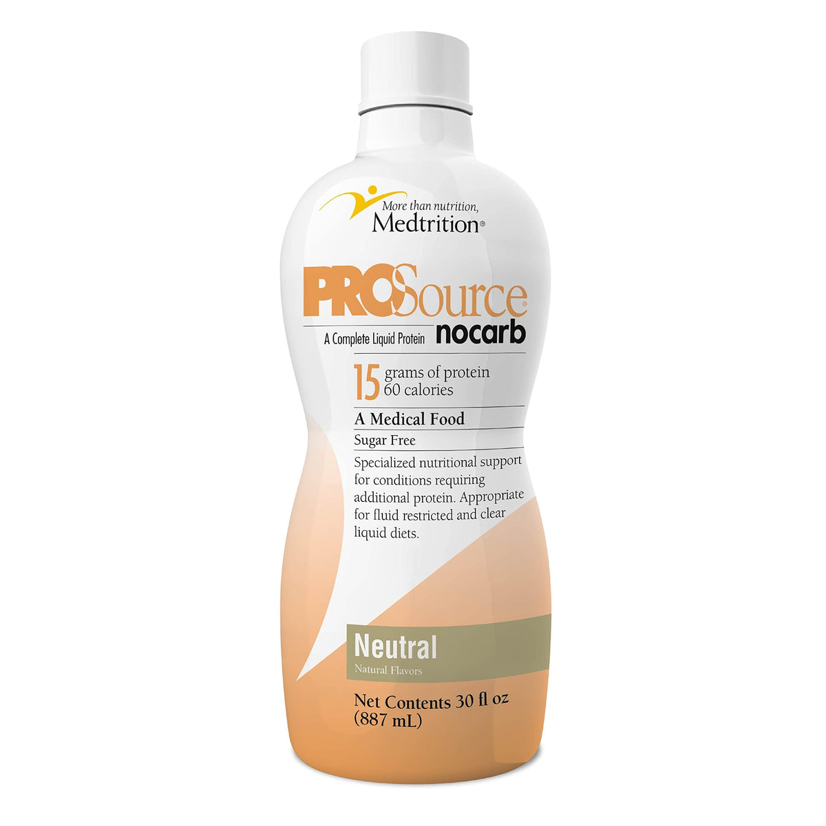 Medtrition ProSource NoCarb neutral liquid bottle closed, protein-rich daily supplement.