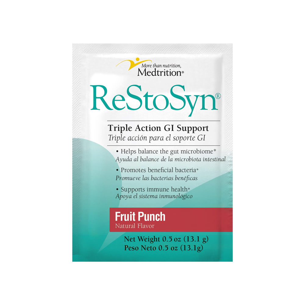Medtrition ReStoSyn bottle front view; compact daily gut health support on the go.