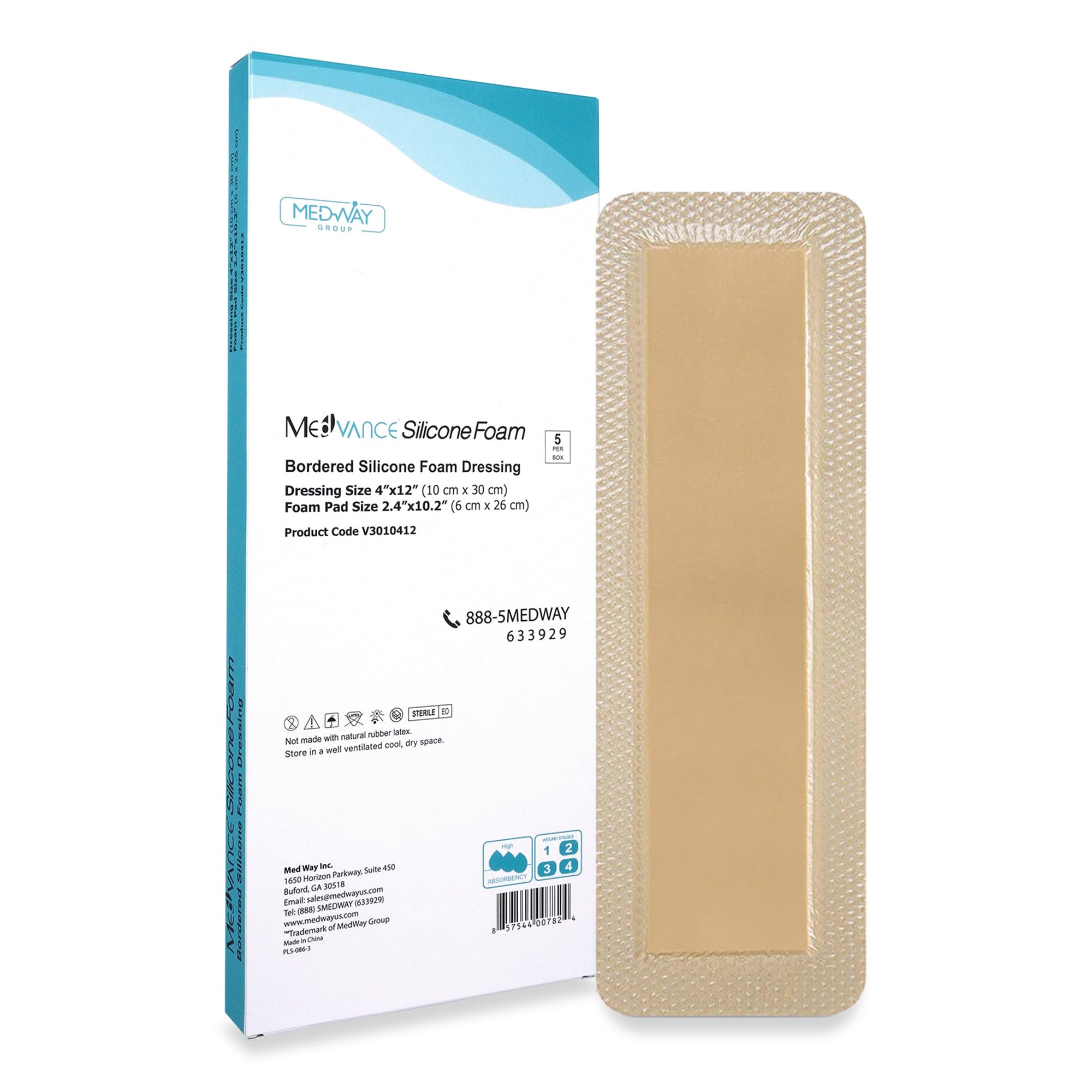 MedVance bordered silicone adhesive foam dressing 4x12 box of 5 provides secure coverage.