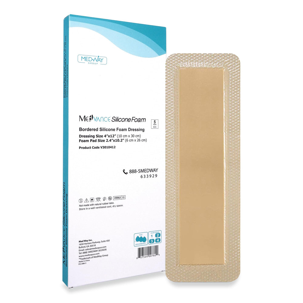 MedVance bordered silicone adhesive foam dressing 4x12 box of 5 provides secure coverage.