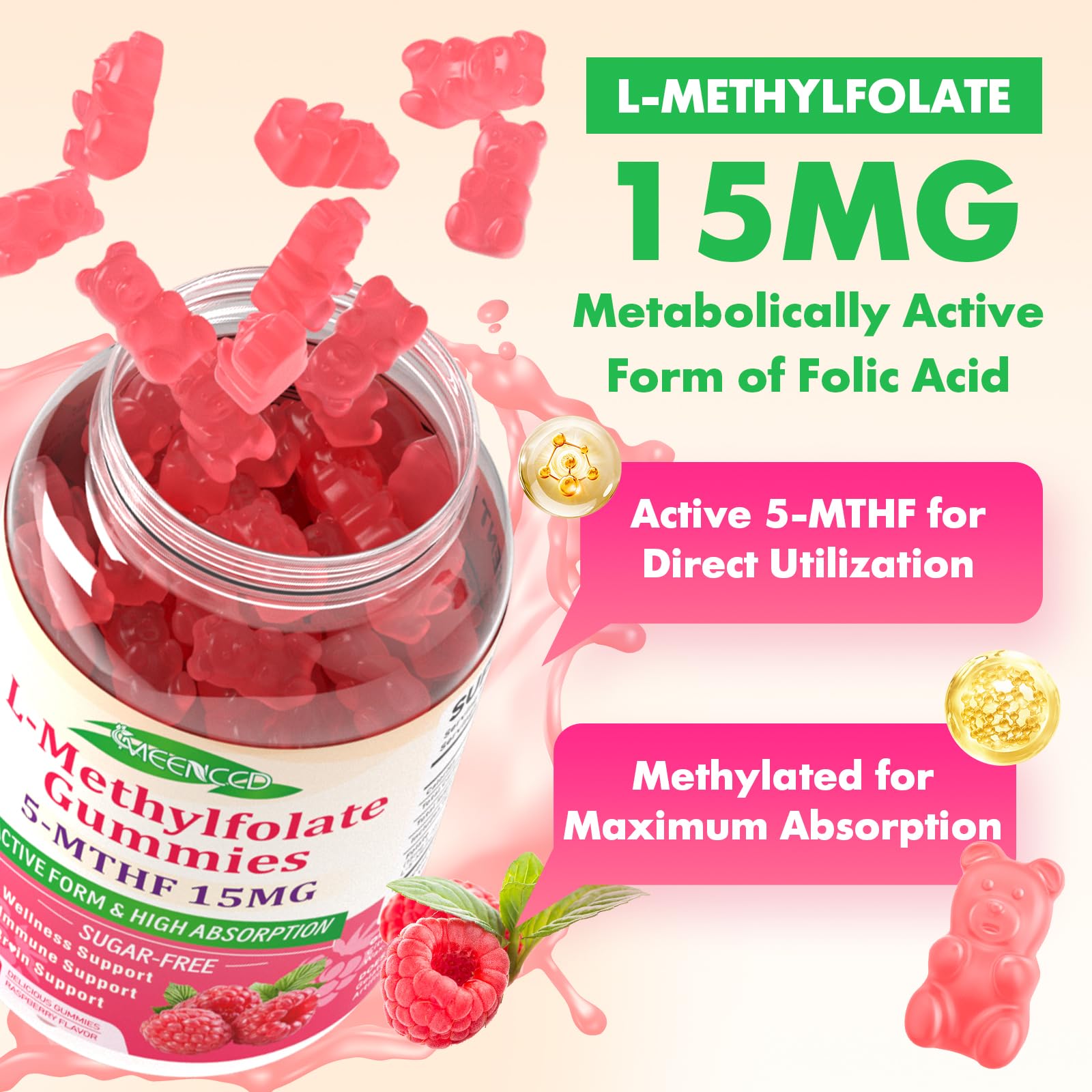 MEENCCD bottle with label highlights GMP-certified vegan gluten-free sugar-free