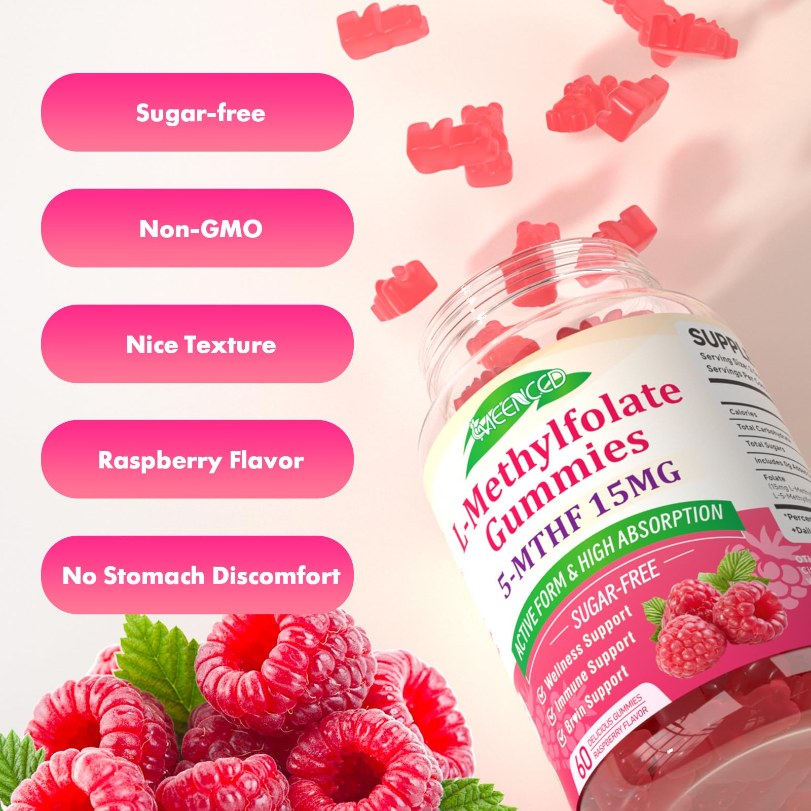 GMP-certified, gluten-free, non-GMO icons on MEENCCD bottle
