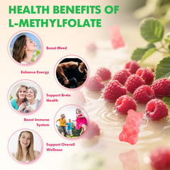 Close-up of MEENCCD L-Methylfolate gummies with raspberry flavor