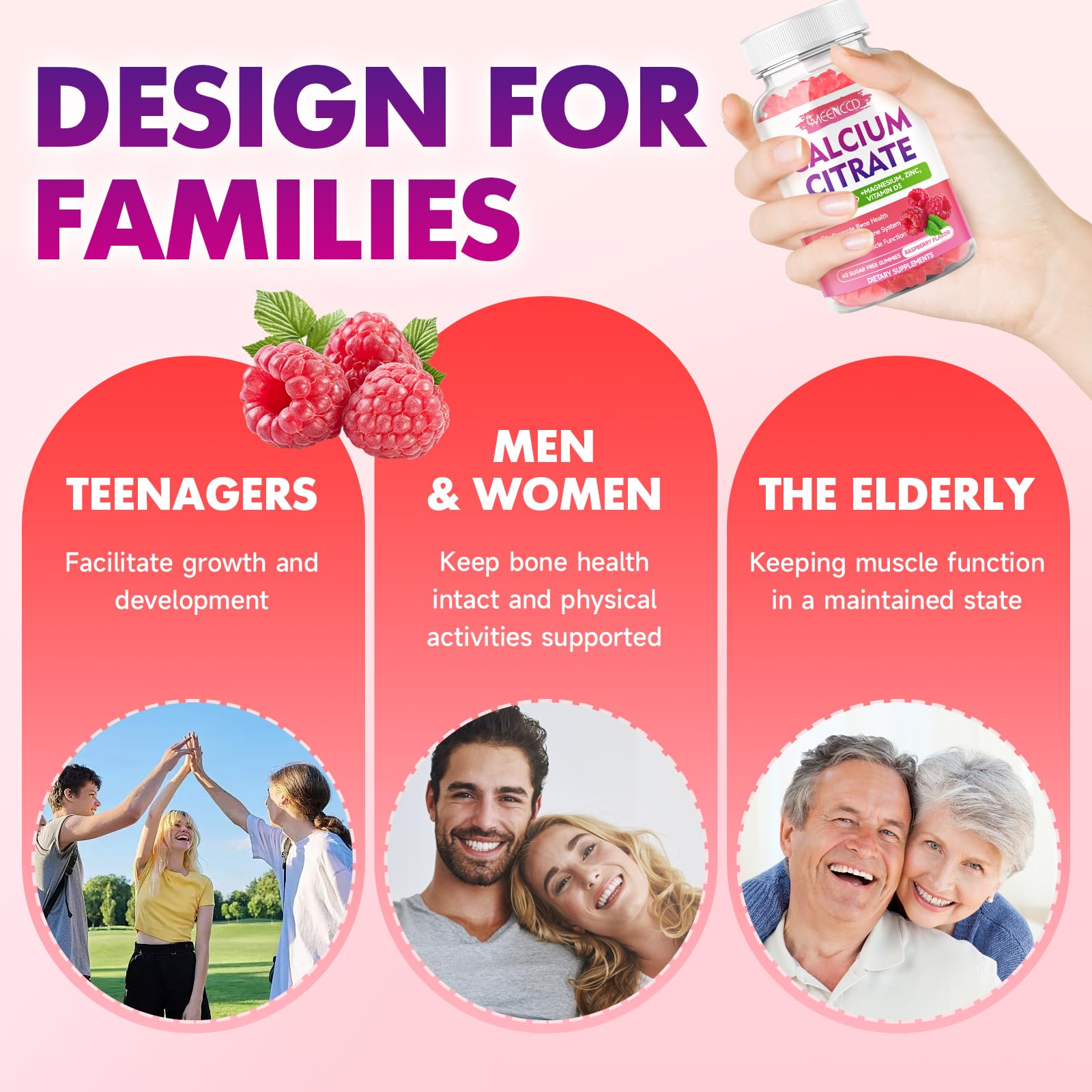 MEENCCD Sugar-free gummies label close-up shows natural raspberry flavor and gentle formula.