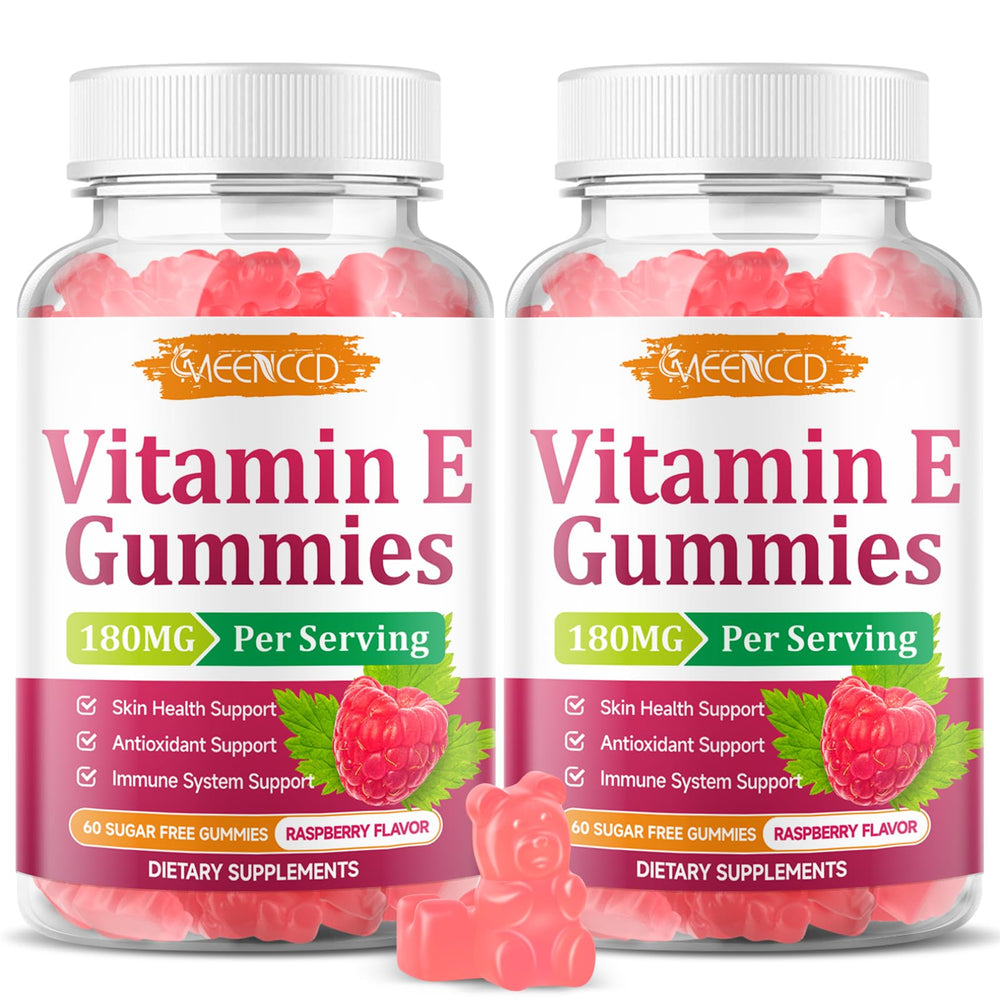 MEENCCD Vitamin E Gummies bottle with raspberry flavor for daily skin support