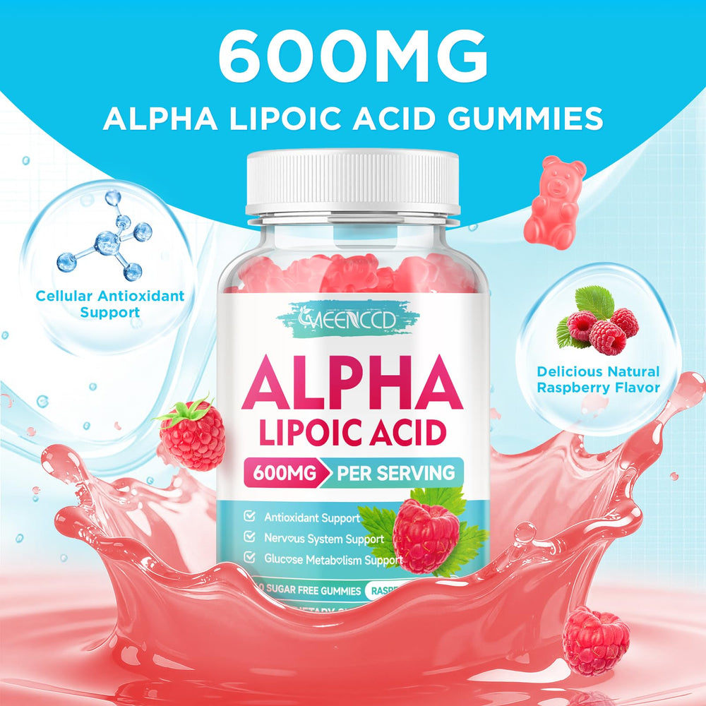MEENCCD Alpha Lipoic Acid Gummies raspberry flavor sitting on counter.