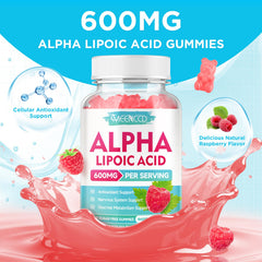MEENCCD Alpha Lipoic Acid Gummies raspberry flavor sitting on counter.