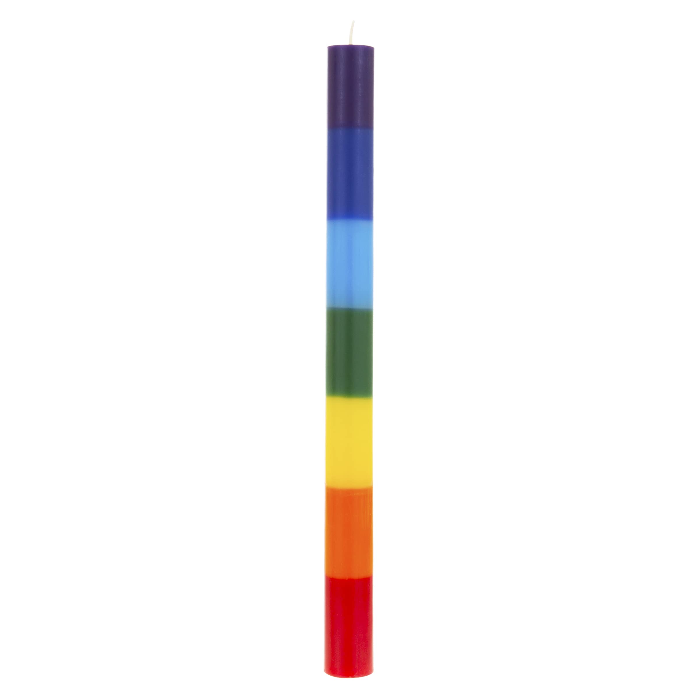 Mega Candles chakra candle closeup showing rainbow layers for mindful color therapy.