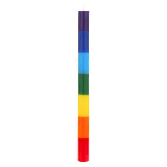 Mega Candles chakra candle closeup showing rainbow layers for mindful color therapy.