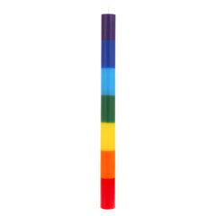 Mega Candles chakra candle closeup showing rainbow layers for mindful color therapy.