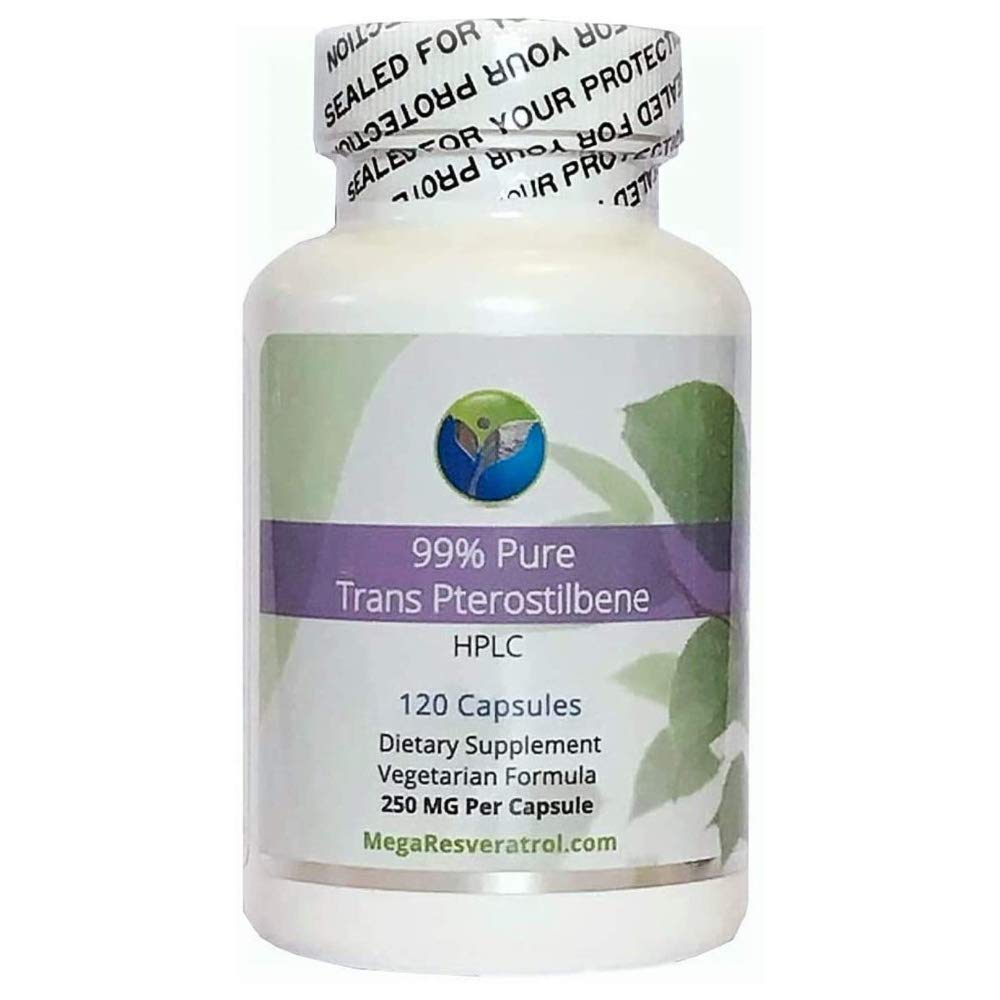 Mega Pterostilbene bottle front view for daily antioxidant support.