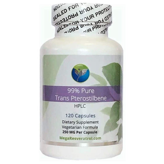 Mega Pterostilbene bottle front view for daily antioxidant support.