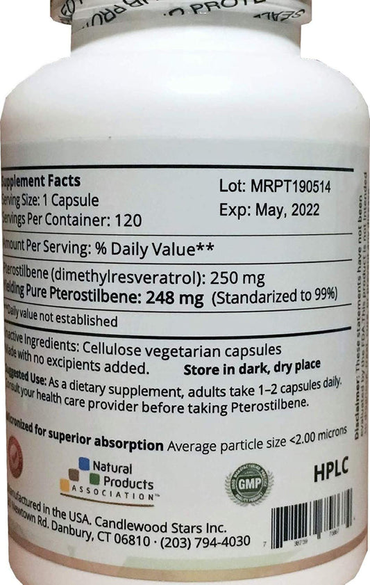 Mega Pterostilbene capsules closeup showing micronized powder for absorption.