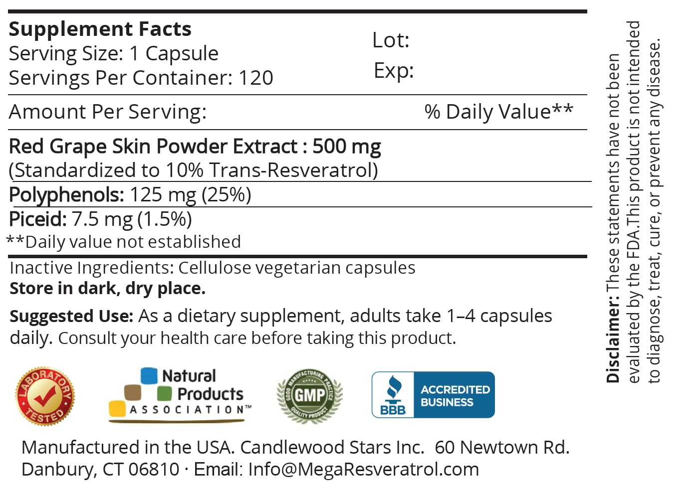 Mega Resveratrol Grape bottle label emphasizing 500 mg dosage and purity.
