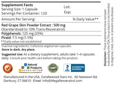 Mega Resveratrol Grape bottle label emphasizing 500 mg dosage and purity.