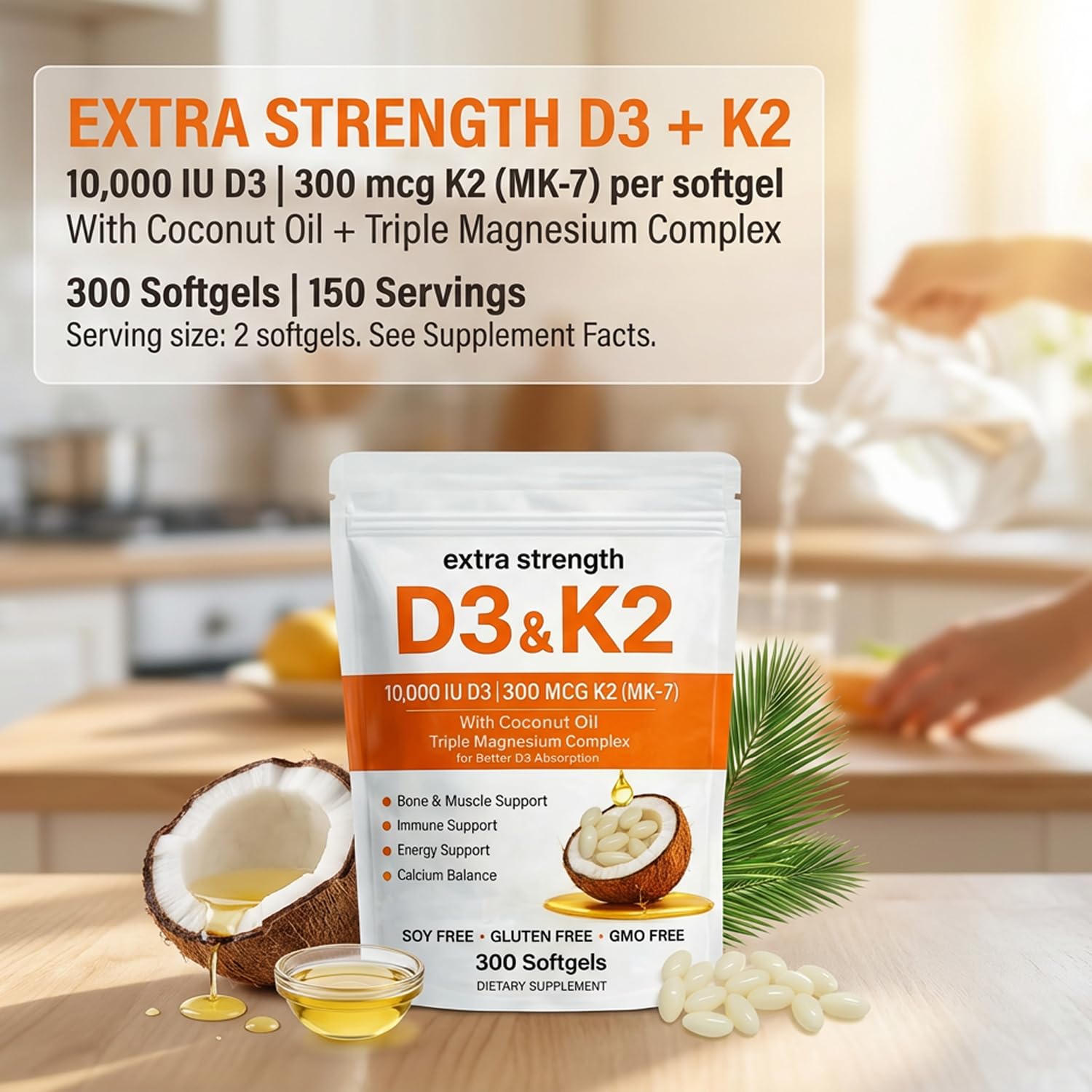 Megacephalus D3 K2 Magnesium softgels label with ingredients and benefits