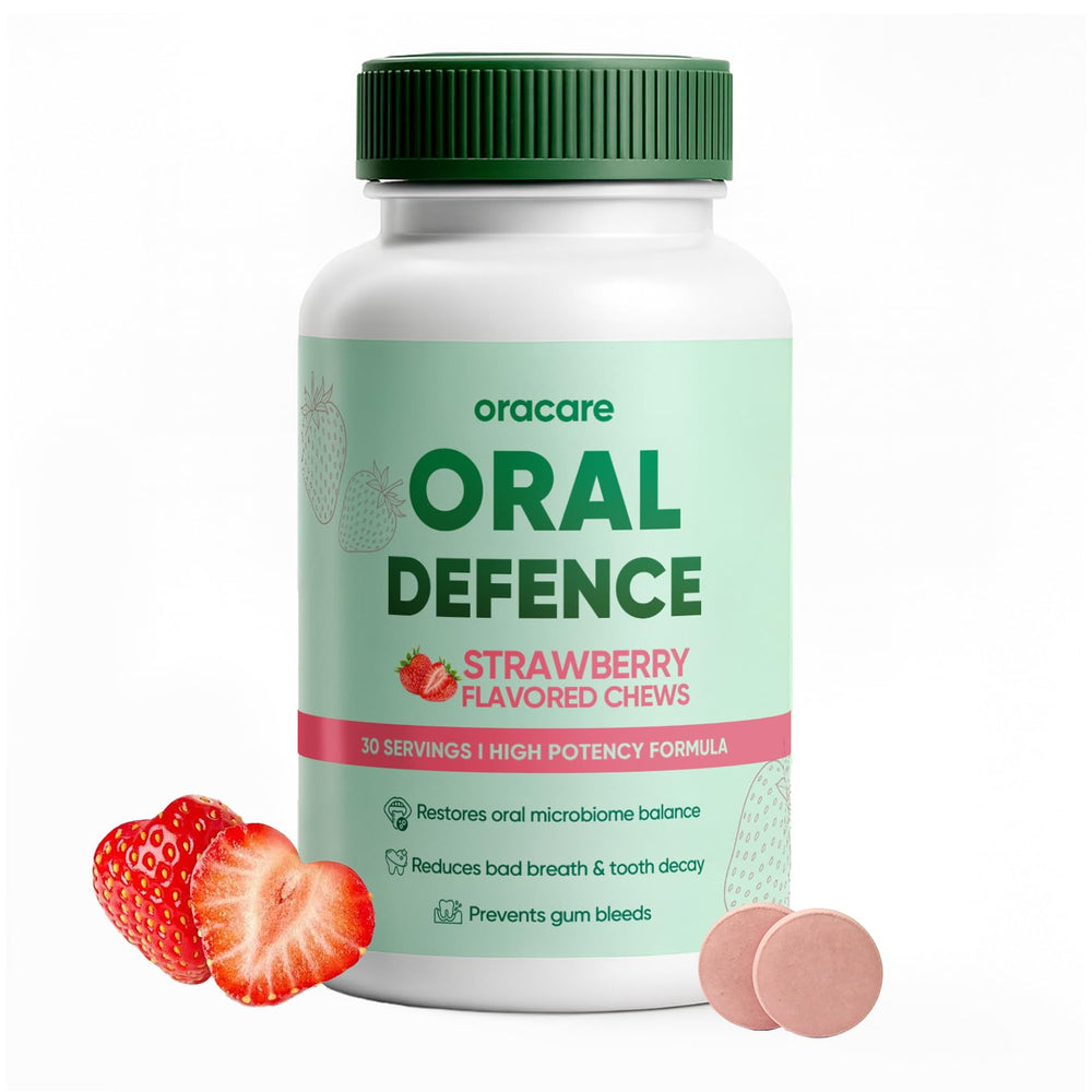 Megacephalus Oracare bottle with strawberry chews for daily freshness.
