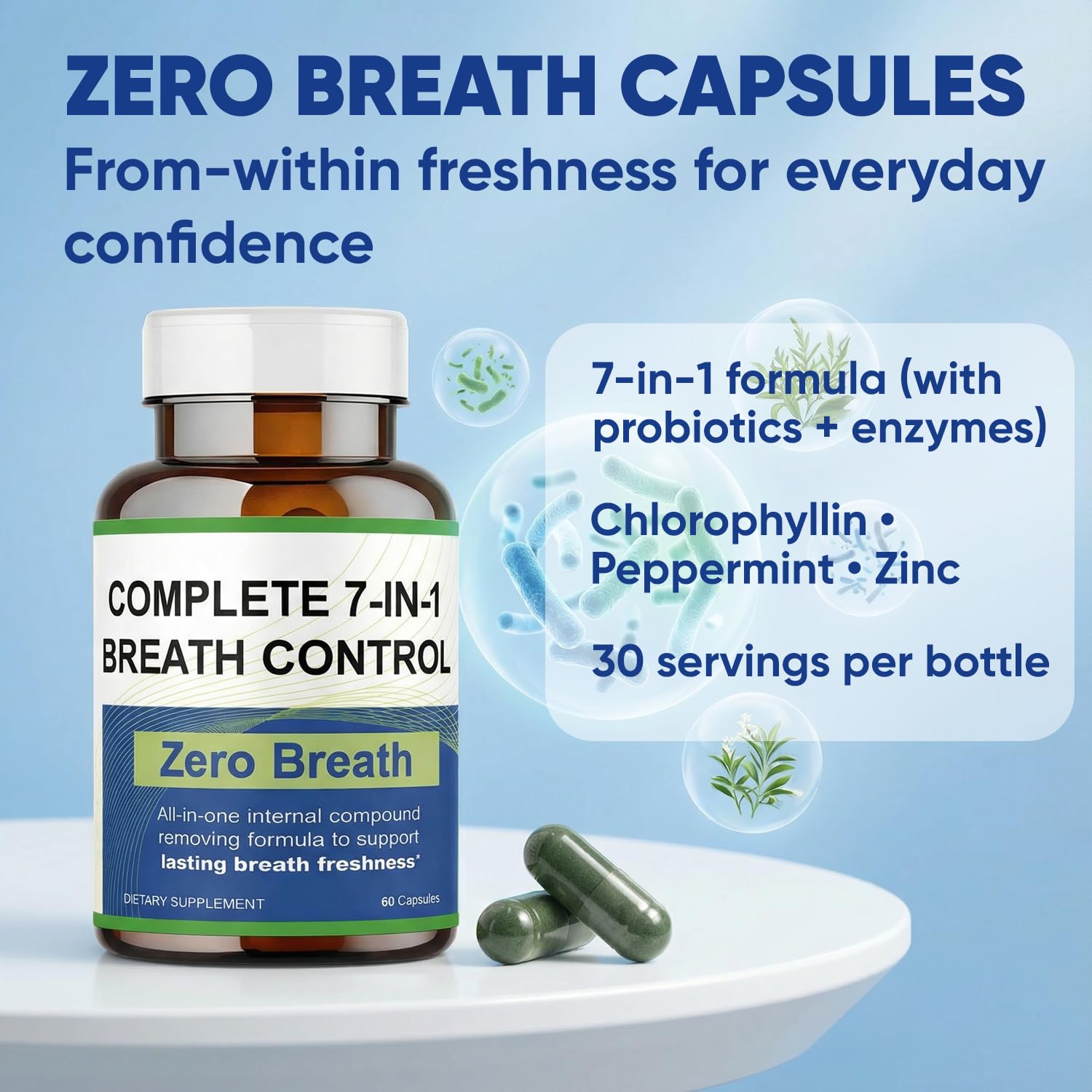 Close-up of capsules reveals organic chlorophyllin supporting odor control.