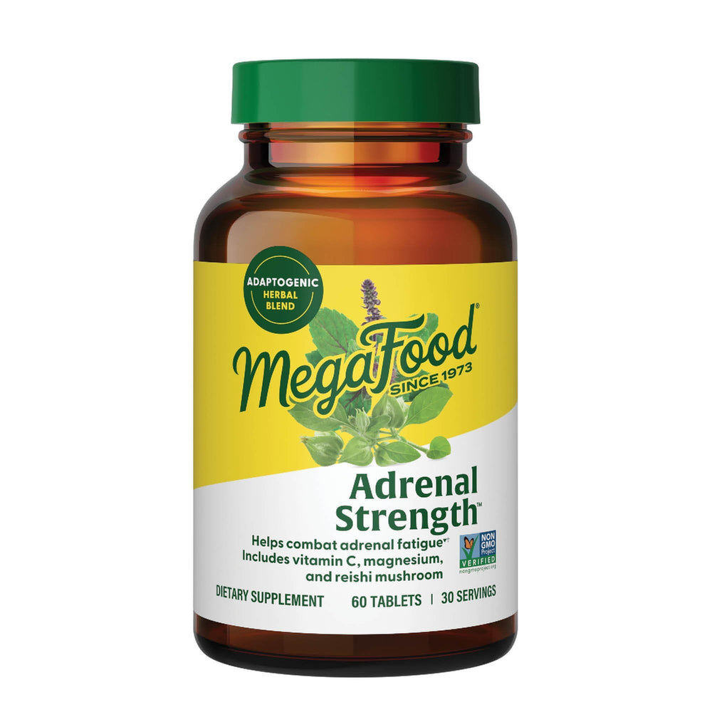 MegaFood Adrenal Strength bottle with pour suggesting a balanced stress response for daily calm