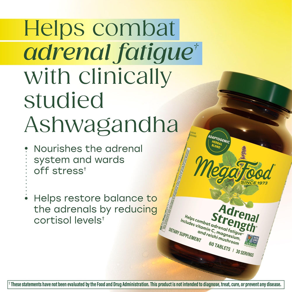 Ingredients panel of MegaFood Adrenal Strength featuring real foods and herbs