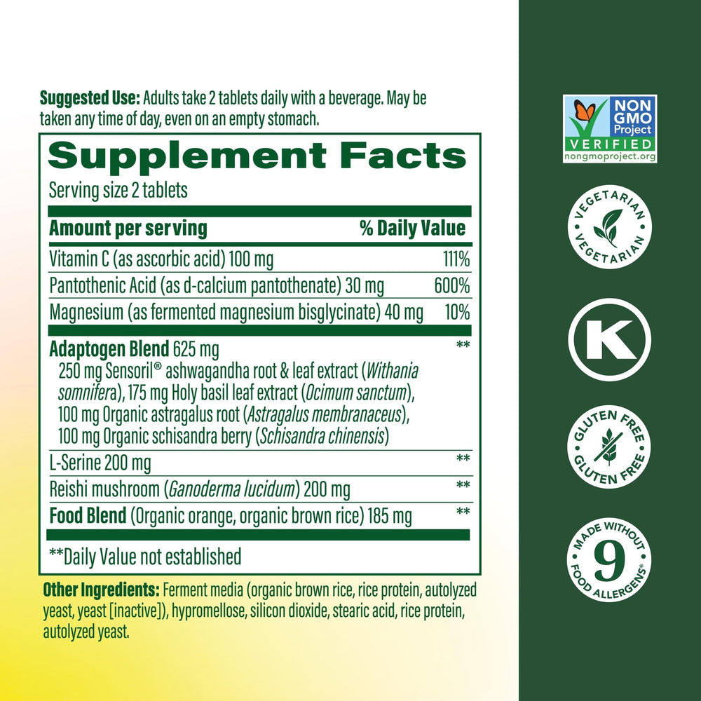 Close-up of MegaFood Adrenal Strength tablets highlighting ashwagandha and magnesium glycinate