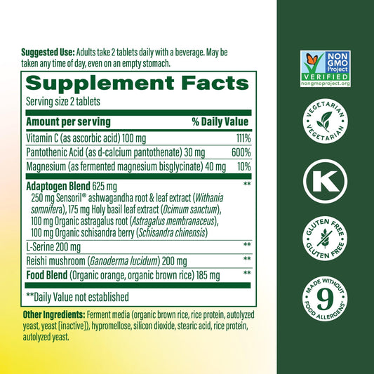 Close-up of MegaFood Adrenal Strength tablets highlighting ashwagandha and magnesium glycinate