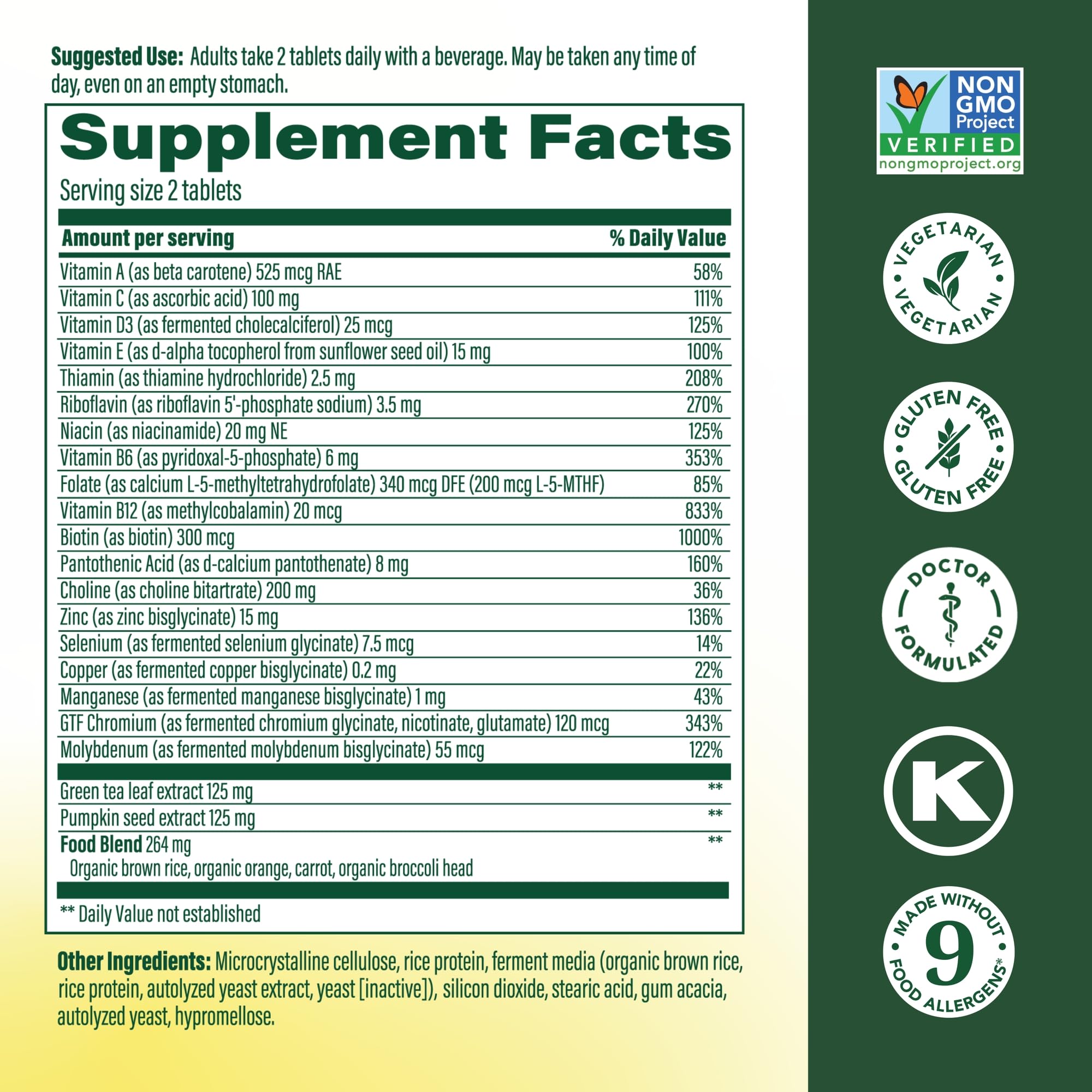 Close-up of MegaFood tablets showing vegetarian formula for men 55+