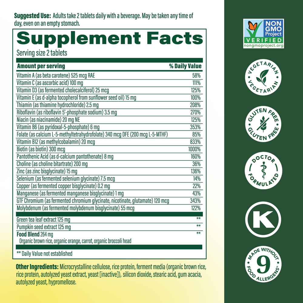 Close-up of MegaFood tablets showing vegetarian formula for men 55+
