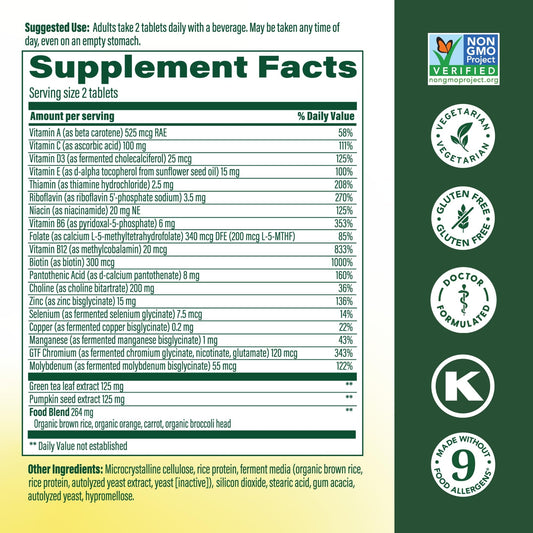 Close-up of MegaFood tablets showing vegetarian formula for men 55+