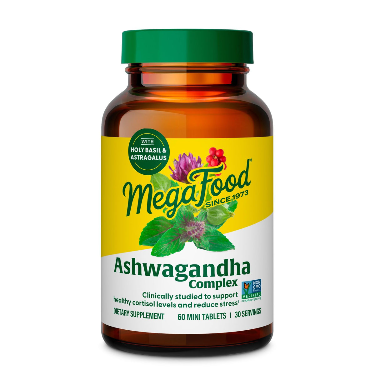 MegaFood Ashwagandha Complex bottle on desk showing plant-based stress support for daily balance